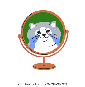 Cute funny cat looking at mirror reflection. Kitty crying, happy tears, touched with beauty. Feline animal likes itself. Self-love concept. Flat vector illustration isolated on white background