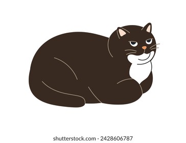 Cute funny cat lying, relaxing. Bossy kitty resting. Amusing adorable confident chunky feline animal looking up. Lovely curled pet. Flat graphic vector illustration isolated on white background