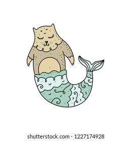 Cute funny cat mermaid illustration. Doodle style. Vector and jpg.