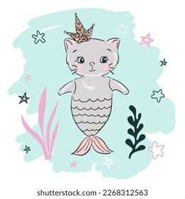 A cute funny cat with a mermaid tail and stars