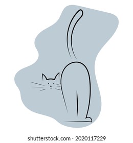 Cute, funny cat on the background of a blue abstract spot drawn with a single line. For a sticker, page design, design creation, clipart.