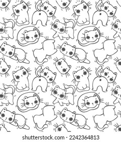 cute funny cat outline pattern seamless cartoon hand drawing black line isolated on white background vector