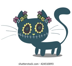 cute funny cat with painted face, Dia De Los Muertos Day of the Dead concept, isolated on white background