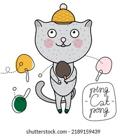 Cute Funny Cat with Ping-Pong Racket and Text - Ping-Cat-Pong for Sticker, Print, Card, Poster, Eco Bag and Garment.