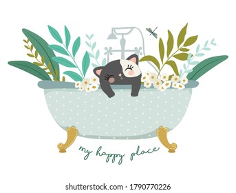 Cute funny cat with plants in bathtub, children artworks, prints.