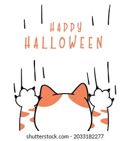 Cute funny cat playful play ghost paw  Happy halloween costume card cartoon doodle outline flat vector illustration