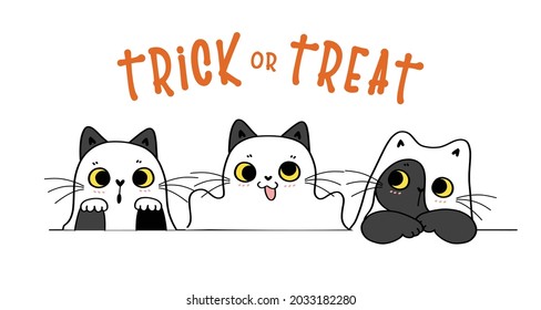 Cute funny cat playful play ghost Trick or Treat Happy halloween costume cartoon doodle outline flat vector illustration