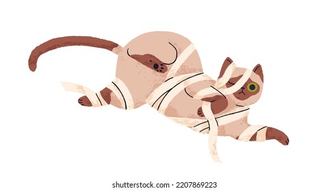 Cute funny cat playing. Fool adorable kitty tangled in ribbon. Playful feline animal in Halloween mummy costume. Naughty mischievous kitten. Flat vector illustration isolated on white background