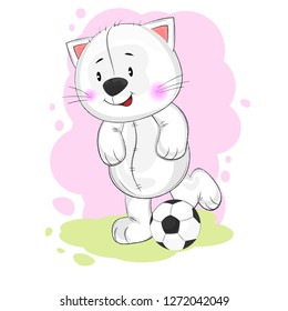 Cute funny cat playing soccer. This is a vector illustration hand drawn available for for t-shirt prints and other uses. Greeting card.
