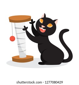 Cute funny cat playing with a toy. Adorable pet having fun. Cute kitten. Isolated vector illustration in cartoon style