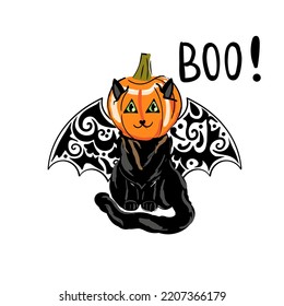 Cute funny cat with pumpkin on head and bat wings. Halloween concept. 