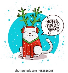 Cute and funny cat. Quote Happy New Year. The trend calligraphy. Vector illustration on white background. Great holiday gift card.