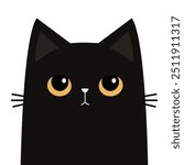 Cute funny cat. Sad face head. Kitten with yellow eyes. Black silhouette icon. Kawaii pet animal. Cartoon funny character. Childish style. Happy Halloween. Flat design. White background. Vector