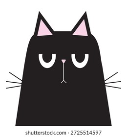 Lindo gato divertido. Cabeza de cara triste. Gatito con orejas rosadas, nariz. Icono de silueta negro. Animal de compañía kawaii. Dibujos animados divertido personaje de bebé. Estilo infantil. Feliz Halloween. Diseño plano Vector de fondo blanco