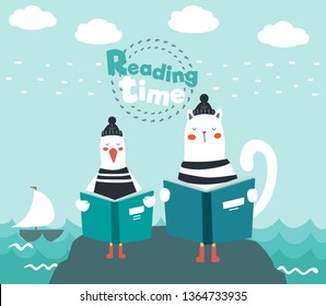 Cute funny cat and seagull with stripped shirt reading a book