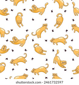 Cute funny cat. Seamless pattern. Kitten character cartoon. Vector drawing. Design ornaments.