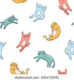 Cute funny cat. Seamless pattern. Kitten character cartoon. Vector drawing. Design ornaments.