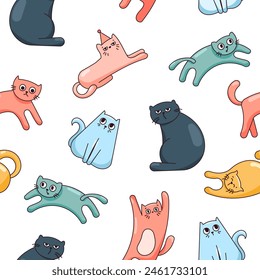 Cute funny cat. Seamless pattern. Kitten character cartoon. Vector drawing. Design ornaments.