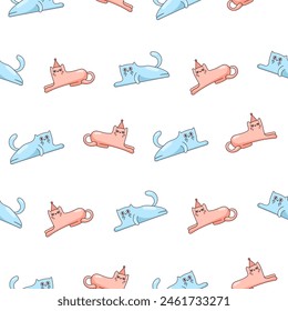 Cute funny cat. Seamless pattern. Kitten character cartoon. Vector drawing. Design ornaments.