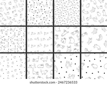 Cute funny cat. Seamless pattern. Coloring Page. Kitten character cartoon. Vector drawing. Collection of design ornaments.