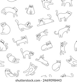 Cute funny cat. Seamless pattern. Coloring Page. Kitten character cartoon. Vector drawing. Design ornaments.