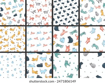 Cute funny cat. Seamless pattern. Kitten character cartoon. Vector drawing. Collection of design ornaments.