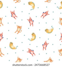 Cute funny cat. Seamless pattern. Kitten character cartoon. Vector drawing. Design ornaments.