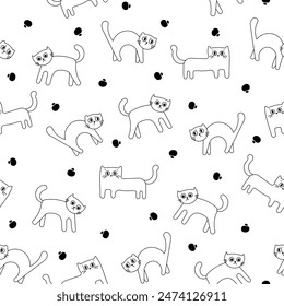 Cute funny cat. Seamless pattern. Coloring Page. Kitten character cartoon. Vector drawing. Design ornaments.