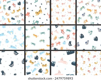 Cute funny cat. Seamless pattern. Kitten character cartoon. Vector drawing. Collection of design ornaments.