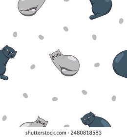 Cute funny cat. Seamless pattern. Kitten character cartoon. Vector drawing. Design ornaments.