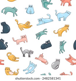 Cute funny cat. Seamless pattern. Kitten character cartoon. Vector drawing. Design ornaments.