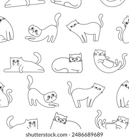 Cute funny cat. Seamless pattern. Coloring Page. Kitten character cartoon. Vector drawing. Design ornaments.