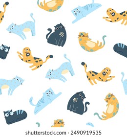 Cute funny cat. Seamless pattern. Kitten character cartoon. Vector drawing. Design ornaments.