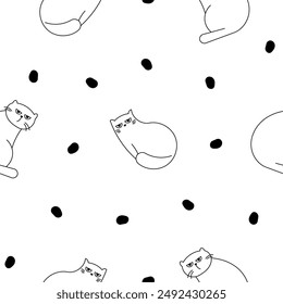 Cute funny cat. Seamless pattern. Coloring Page. Kitten character cartoon. Vector drawing. Design ornaments.