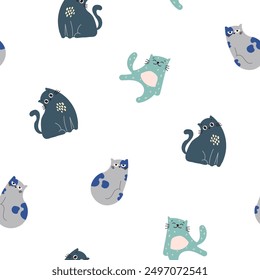 Cute funny cat. Seamless pattern. Kitten character cartoon. Vector drawing. Design ornaments.