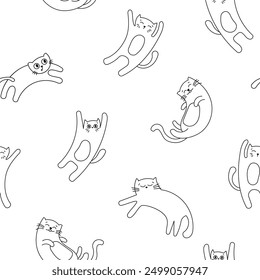 Cute funny cat. Seamless pattern. Coloring Page. Kitten character cartoon. Vector drawing. Design ornaments.