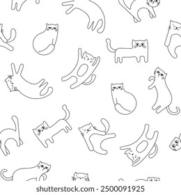 Cute funny cat. Seamless pattern. Coloring Page. Kitten character cartoon. Vector drawing. Design ornaments.