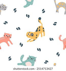 Cute funny cat. Seamless pattern. Kitten character cartoon. Vector drawing. Design ornaments.