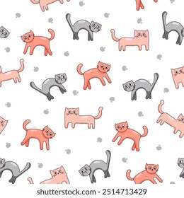 Cute funny cat. Seamless pattern. Kitten character cartoon. Vector drawing. Design ornaments.