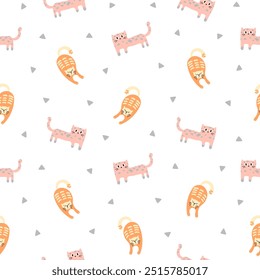 Cute funny cat. Seamless pattern. Kitten character cartoon. Vector drawing. Design ornaments.