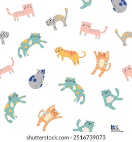 Cute funny cat. Seamless pattern. Kitten character cartoon. Vector drawing. Design ornaments.