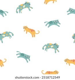 Cute funny cat. Seamless pattern. Kitten character cartoon. Vector drawing. Design ornaments.