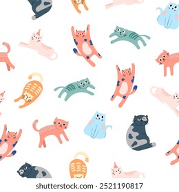 Cute funny cat. Seamless pattern. Kitten character cartoon. Vector drawing. Design ornaments.