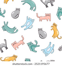 Cute funny cat. Seamless pattern. Kitten character cartoon. Vector drawing. Design ornaments.