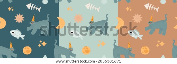 Cute funny cat seamless pattern set. Surface\
design, textile, wrapping paper, background, decoration\
illustration bundle. Cats in a cone hats, fish, fish skeleton,\
moon. Simple childish design\
texture