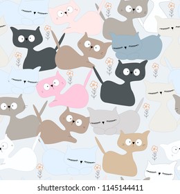 Cute funny cat seamless pattern,illustration vector by freehand doodle comic art