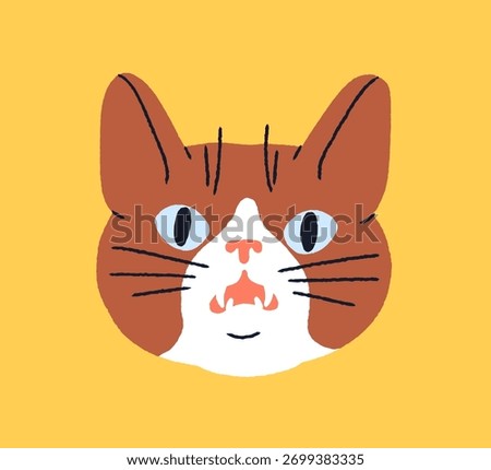 Cute funny cat, shocked surprised expression. Comic kitty mem, feline animal head avatar, humorous amazed emotion, startled face, open mouth in amazement, astonishment. Flat vector illustration