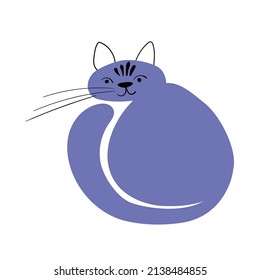Cute funny cat sits, he sits with his back and turned, painted in the color of Veri Peri. Kitten in lilac, black and white colors. Doodle style vector illustration isolated on white background