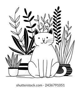 Cute funny cat sitting in front of potted plants, hand-drawn doodle illustration, black lines on white background. Doodle style greeting card with a cute funny cat among house plants