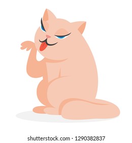 Cute funny cat sitting and licking paw. Adorable pet having fun. Cute kitten. Isolated vector illustration in cartoon style